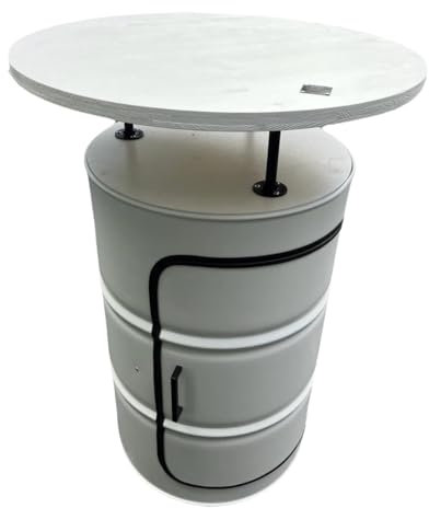 Fass Möbel Stehtisch, Bistrotisch, Partyraumtisch mit Tür, Regal, Holzplatte und Tischplatte, Handgefertigt in Deutschland, 80 x 115 x 80 cm (B x H x T) (Holzplatten - weiß)