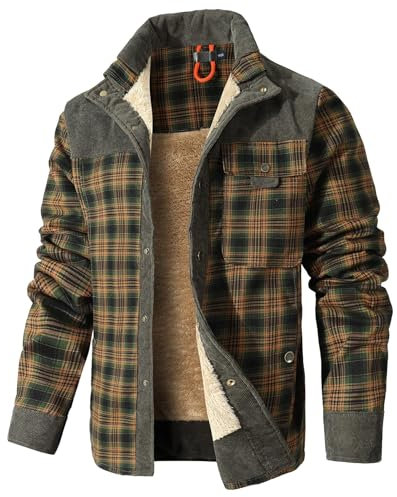 HYPESTFIT Mens Jacket Flannel Fur Lined Button Warm Lumberjack Fleece Padded Long Sleeve Casual Light Army Green XXL