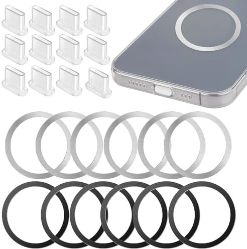 KOZOY Metal Rings with Sticker for Magnetic Wireless Charger, Pack of 12 Stainless Steel Ultra Thin Metal Plate with USB C Dust Caps Compatible with Magsafe Ring, Wireless Charger