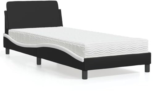 IKAYAA Bett 90x200 mit matratze und lattenrost Boxspringbett 90x200 mit matratze Polsterbett 90x200 Bett komplett mit Kopfteil Kunstleder-Schwarz und Weiß-90 x 200 cm