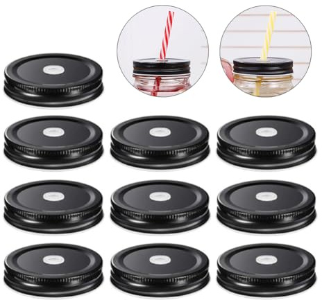 HAOHIZE 10 Pack 2.8in/72mm Black Regular Mouth Tinplate Mason Jar Lids with Straw Hole