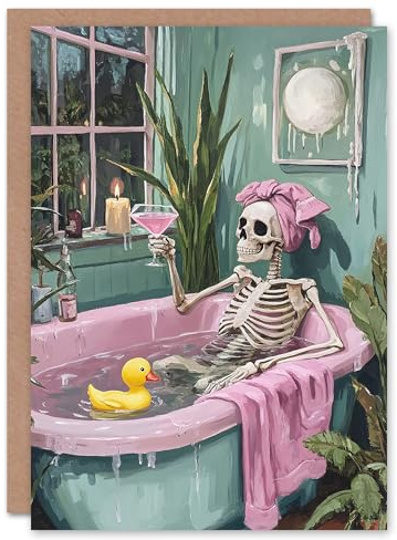 Wee Blue Coo Skeleton Bath Time Cocktail Fun Funny Trick or Treat Haunted Scary Halloween Card Blank For All