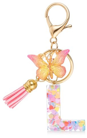 Ouligay Schlüsselanhänger L, Rosa Schlüsselanhänger Buchstabe L, Schlüsselanhänger Mädchen mit Anfangsbuchstaben L und Harz Schmetterling, L Buchstaben Keychain für Mädchen Frauen Damen