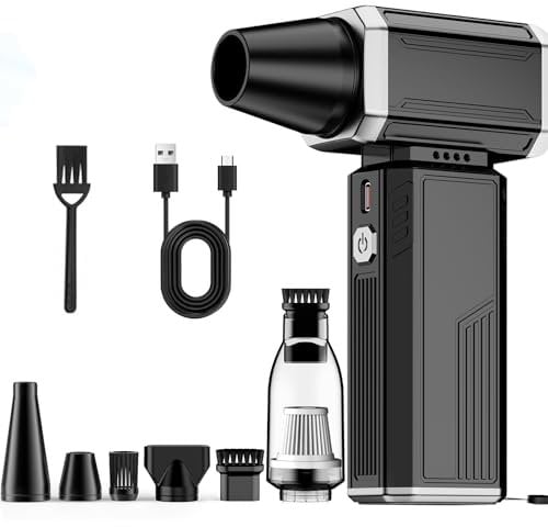 Compressed Air Duster, Mini Vacuum Cleaner Electric Air Duster Super Power Turbo Fan Stepless Speed Adjustable Blower & Vacuum 2-in-1 with Cleaning Brushg for Cars Keyboards Sofas Home Outdoor