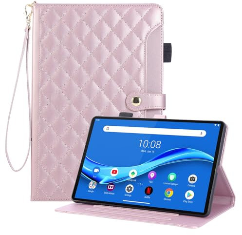 Rosbtib Funda para Lenovo Tab M10 FHD Plus 2020/K10 10.3 TB-X606F/X606X/X6C6F, Funda de Piel PU Bordada a Cuadros con Correa de Mano, Soporte y Cierre magnético para Lenovo M10 Plus - Rosa