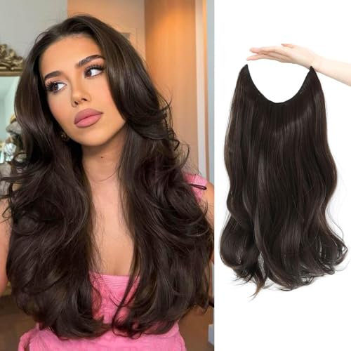 Ms Taj Invisible Secret Wire Extensions 46cm,Braun Haarverlängerungen Körper gewellt mit Einstellbarer Größe Clips Synthetische lockige Haarteile für Frauen