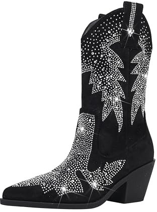Feinlina Bottes de cowgirl en daim brillant avec strass et bout pointu pour femme, Noir , 38 EU