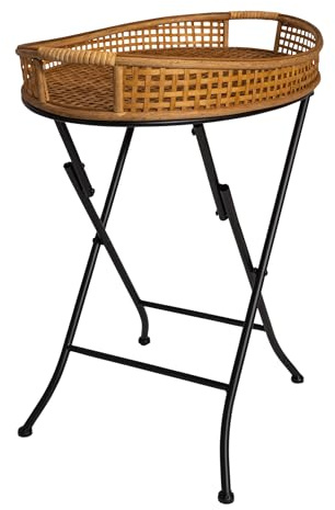 habeig Ovaler Serviertisch mit Bambus-Tablett, 70x62x43cm, Abnehmbares Gitter-Tablett, Klappbares Metallgestell, Schwarz (Natur, 55x38x62cm)