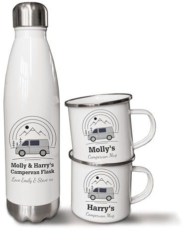 Personalised 500ml Thermal Flask and Enamel Mugs. Campervan Mug and Flask Set. Outdoor Adventure Gifts