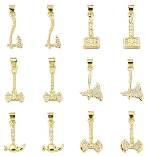 LiQunSweet 12 pcs 6 Styles Tool Theme Brass Cubic Zirconia Charms Axe Hammer Shaped Dangle Charms for DIY Jewelry Bracelet Necklace Necklace Crafts Bag Purse Keychain Decor