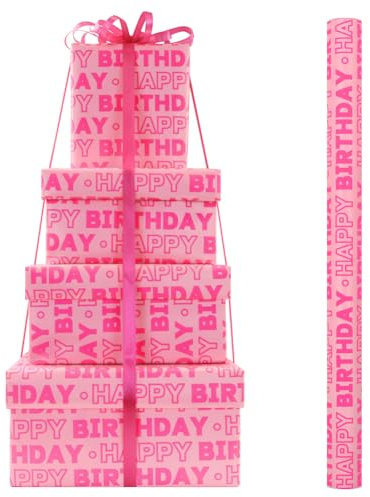 Rosa Geburtstags-Geschenkpapierrollen für Mädchen, Kinder, Frauen, rosa Happy Birthday Geschenkpapier mit Schnittlinien auf der Rückseite, 1 Mini-Rolle 43 x 300 cm pro Rolle, Geschenkpapier für