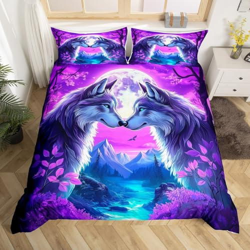 Homewish Lila Ranken Blätter Berge Wolf Bettwäsche 155x220 | Flüsse Mond Wölfe Bettbezug Mädchen Paar Ästhetisch Funkelndes Sternenlicht Wildtiere Bettwäscheset