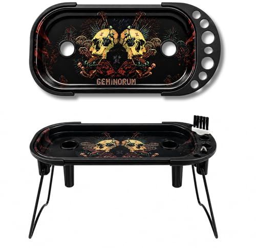 Metal Rolling Tray with Stuff Full Size Foldable Stand & Cone Loader, Complete Kit for King or 1-1/4 Size Pre-Rolled Cones Brush & Filler Tools Included 23 x 10cm (Twin Skull)