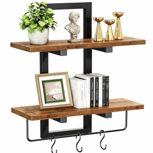 TRAYINDALY Wandregal Holz 2-Tier, Regal Wand mit Handtuch Bar und 3 Haken, Hängeregal, Küchenregal Wand, Schweberegal für Wohnzimmer, Schlafzimmer, Badezimmer, Küche