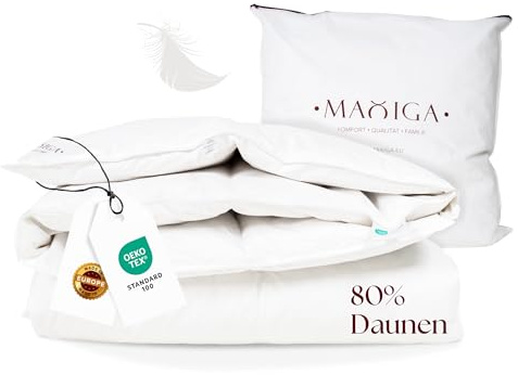 maxiga Winter Daunendecke 200x200 cm – 80 % Gänsedaunen & 20 % kleine Daunenfederchen, extra warm 2500g, atmungsaktiv, Oeko-TEX Zertifiziert, Allergikerfreundlich, Baumwollhülle