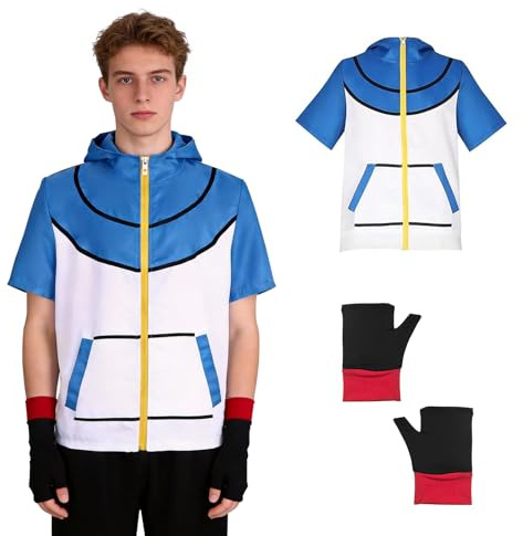 MeYuxg Anime Cosplay Kostüm Erwachsene, Blaue Kapuzenpullover und Handschuhe Set, Unisex Klassisches Anime Kostüm, Cosplay Kostüm für Karneval Halloween Maskerade Party Alltagskleidung