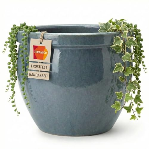 Teramico Premium Keramik Pflanzkübel Garten (Oktober Grau, 29cm x 23cm) | Massiv gearbeitet und absolut frostfest. Von Hand gefertigtes Pflanzgefäß mit Abwasserloch für Garten und Terrasse.