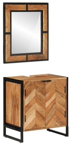 Fangmaliuyun Waschbeckenunterschrank 55x35x60 cm aus Massivholz Akazie & Eisen Modernes Badmöbel-Set mit Spiegel Langlebig Robust für Badezimmer Gäste-WC