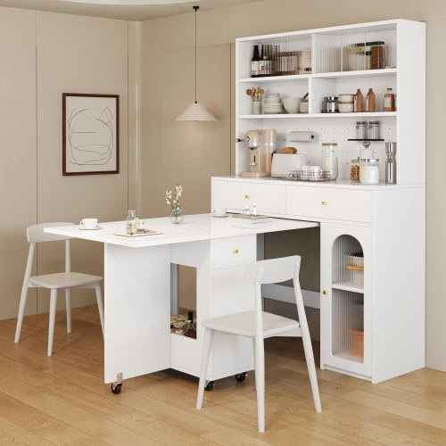 chellago Küchenschrank Set mit klappbarem Esstisch, Highboard mit Stauraum, Bartisch auf Rollen, MDF Weiß 120x45x180 cm für kleine Küche