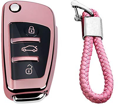 M.JVisun TPU Weich Autoschlüssel Fall für Audi A1 A3 A4 A6 A8 Quattro Q2 Q3 Q7 R8 RS3 RS6 S3 S6 TT TTS Silikon Schlüssel Hülle - Glänzend Rosa - Flechten Schlüsselbund