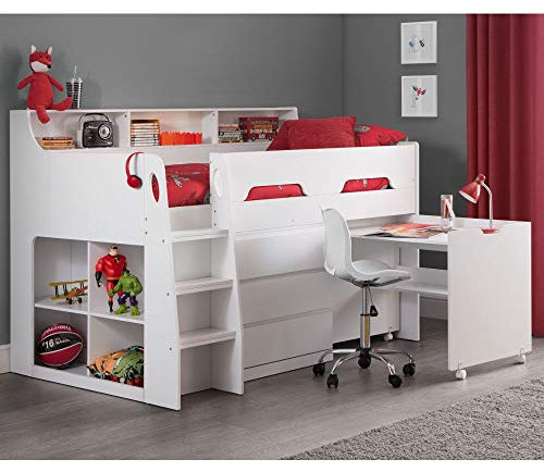 White Wooden Kids Bed, Happy Beds Jupiter Mid Sleeper with Storage and Desk - 3ft Single (90 x 190 cm) with Memory Foam Mattress Included