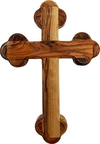 Heiliges Land Olivenholz östlich orthodoxe griechische Bottony Wandkreuz aus Israel, handgeschnitztes Olivenholz aus Jerusalem, 17,8 cm