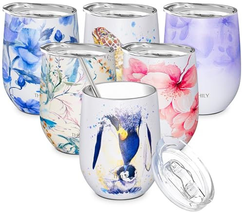 THILY Wine Tumbler Stainless Steel Insulated Stemless Wine Glass with Lid and Straw, Cute Cup Keep Cold for Coffee, Cocktails, Special Collection, Penguin