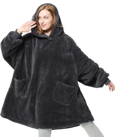 Bedsure Wearable Blanket Hoodie Women - Fluffy Fleece Hoodie Blanket for Men, Warm & Cozy Gifts for Women Men Her Mum, Ash Black, L