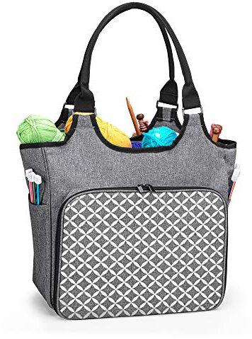 Yarwo Stricktasche zur Aufbewahrung von Wolle, Tasche für Wolle, Aufbewahrungstasche für Häkelnadeln Sets und Stricken Zubehör, Grau mit Diamant Muster(PATENT ANGEMELDET)