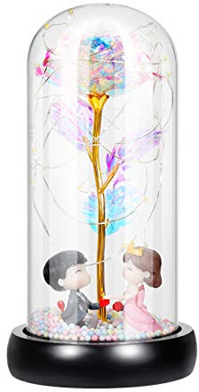 OSALADI Galaxie Rose Bunte Künstliche Rose in Glaskuppel mit LED-Lichtern für Valentinstag Muttertag Jubiläum Hochzeit Schmuck