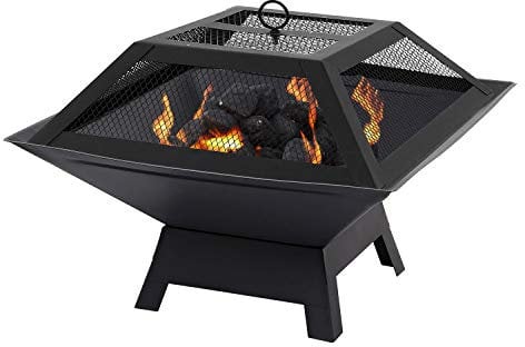 Taylor & Brown Hoguera cuadrada con calentador de parrilla de barbacoa, jardín al aire libre, barbacoa negra, brasero de metal, decoración de patio, estufa de chimenea, cubierta de malla de calor