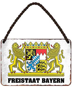 Bayrisches Staatswappen Hängeschild - Retro Deko Metallschild mit Kordel und Saugnapf - witzige Dekoration Haustür Hauseingang Flur Biergarten Wirtschaft - Freistaat Bayern Schild Wappen - 18x12cm