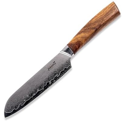 pasoli Damast Santoku-Messer inkl. Klingenschutz | 67-lagiger VG-10 Damaszener-Stahl | scharfe 13 cm Klinge | edler Holzgriff | ideales Kochmesser