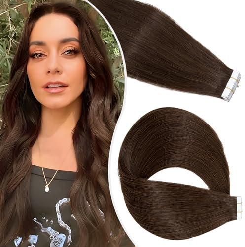 Elailite Echthaar Extensions Tape in #04 Schokobraun 20 stück Invisible Kleber Haarverlängerung Klebestreifen Real Human Hair 25cm 20g