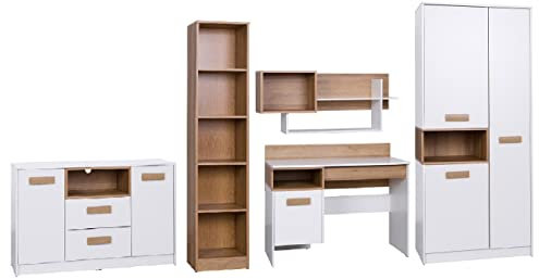 Marmex Kinderzimmer Komplettes Set Grant 7, im Set: Kleiderschrank G1, Schreibtisch G2, Schmales bücherregal G7, Wandregal G3, Kommode mit Schubladen G5 - Farbe Weiß + Riviera Eiche
