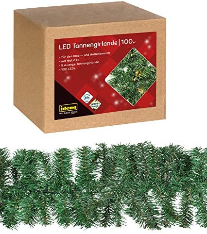 Idena 31870 - LED Tannengirlande mit 100 LEDs in Warmweiß, mit 8 Stunden Timer Funktion und Netzteil, ca. 5 m lang, Deko für Innen & Außen, zum Basteln, als Party Deko, Advents- und Weihnachtsdeko