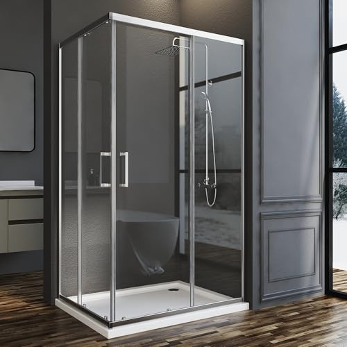 Duschkabine 100x80 cm Eckeinstieg Schiebetür, Goezes Eckeinstieg Duschkabine mit Schiebetüren Duschabtrennung Duschwand Schiebetür mit 6mm ESG Sicherheitsglas, Höhe 185cm
