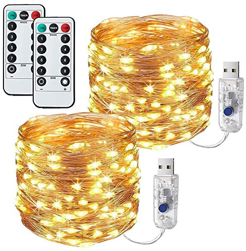 Lezonic [2 Pack] Fairy String Lights, 120LED 12M/40Ft 8 Modes USB Plug in Powered Copper Lights Waterproof for Outdoor/Indoor with Remote Timer Bedroom, Party, Wedding, Christmas(Warm White)