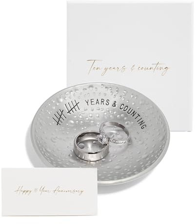 PureRejuva Regalo de lata para 10 aniversario, 4 pulgadas, grabado, soporte para anillos de boda de aluminio, plato y caja de regalo, aniversario de 10 años para él y aniversario de 10 años para ella,