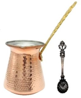 LEO Design Turkish Coffee Pot 5 Sizes, Coffee Maker Greek Arabic Coffee Stovetop Thick 3mm Solid Hammered Handmade Engraved Copper Cezve Ibrik Briki with Long Brass Handle for 2-8 Cup (6 Cup / 500ml)