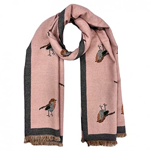 OgLuxe Womens Super Soft Robin Scarf | Cashmere Blend Winter Long Cosy | Ladies Wrap For Cold Evenings | Large Soft Warm Bird Print Winter Shawls (Pink)