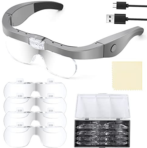 OBOVO Lupenbrille mit Licht, 1.5X 2.5X 3.5X 5X abnehmbare Linsen-Kopfband Lupe Lampe Headset Kopflupe Stirnlupe Brillenlupe mit 2 LED Licht Hobby, Elektriker, Nähen, Handwerk und ältere Menschen