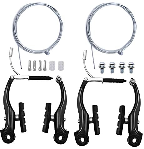 Hmseng 2 Pairs Bike Brakes, Universal Complete V Bike Brakes Set, Mountain Bike Replacement for Most Bicycle,Road Bike Brakes Cables with Front Back Wheels and Bike Brake Levers-Black1