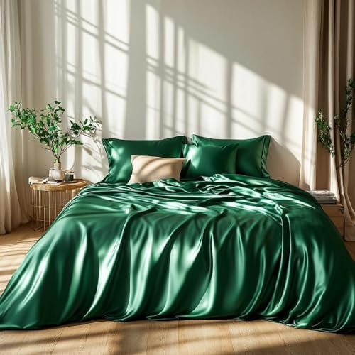 Lanqinglv Luxe Housse de Couette Satin 220 x 240 cm Vert foncé avec 2 Taies d'oreiller 65x65cm Unie Parure de Lit Adulte 2 Personnes Linge de Lit Satin de Soie Soyeux Brillante avec Fermeture Éclair