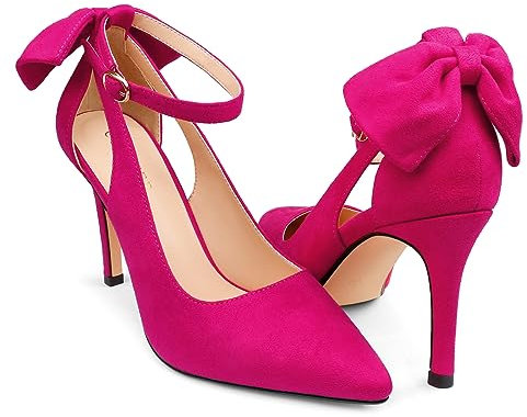 COLETER Womens Bow Knot High Heels Pointed Toe Stiletto Ankle Strap D'Orsay Pumps Bow Evening Dress Shoes, Hot Pink, 6 UK