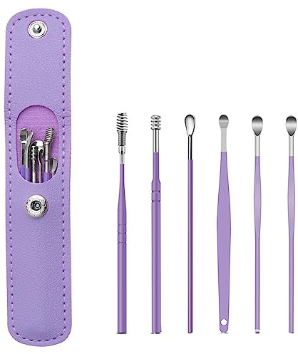 Ear Wax Removal Kit, 6 Pcs Stainless Steel Ear Spoon Ear Wax Cleaner,Reusable Ear Wax Remover Set With Leather Storage Case for Personal and Home Use Ear Cleaner Tools (Purple)