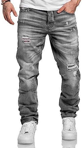 Amaci&Sons Herren Jeans Regular Straight Fit Denim Hose Destroyed 7984 Grau (Patches) W32/L32