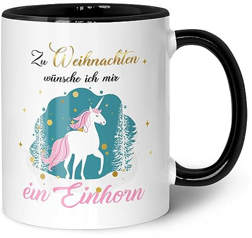 GRAVURZEILE Tasse mit Weihnachtsmotiv - Einhorn zu Weihnachten - Geschenke für Frauen & Männer - Weihnachtstasse - Geeignet für die Mikrowelle - Geschenk zu Wichteln Weihnachten - Schwarz & Weiß