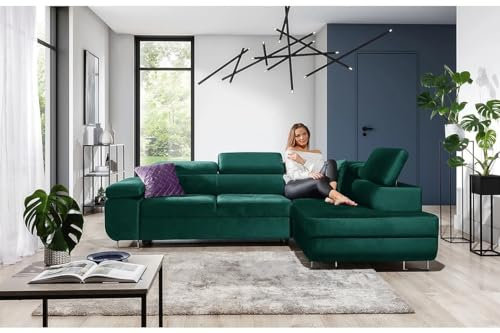 Sofanatic - New Modern Corner Sofa Bed With Waterproof Fabric & Storage - 'Oston Monolith' - Sleeper Sofa With Free Assembly & Delivery. (Right, Green - Monolith 37)