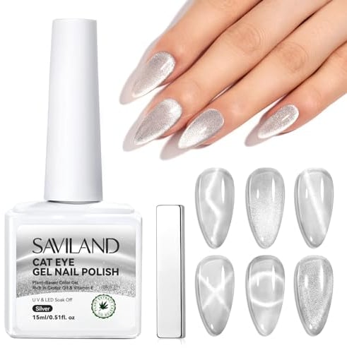 SAVILAND Cat Eye UV Gel Nagellack mit Magnet, 15ml 9D Cateye Silver Cateye Magnet Einweichen Holografischer Katzenaugen Gel Nail Polish UV Nagellack Glitzer Art Manicure Salon Home DIY Silber